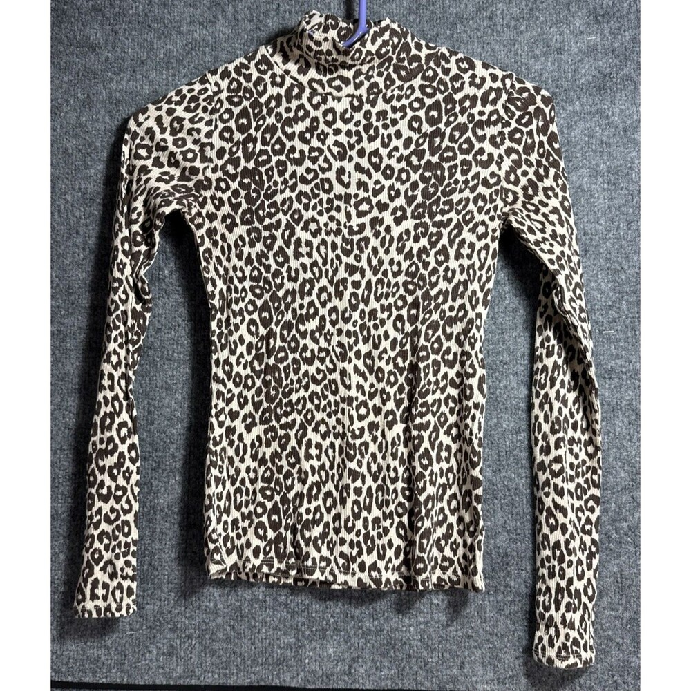 Sezane Womens S Leopard Print Mock Neck Top Button Cuff Organic Cotton Shirt